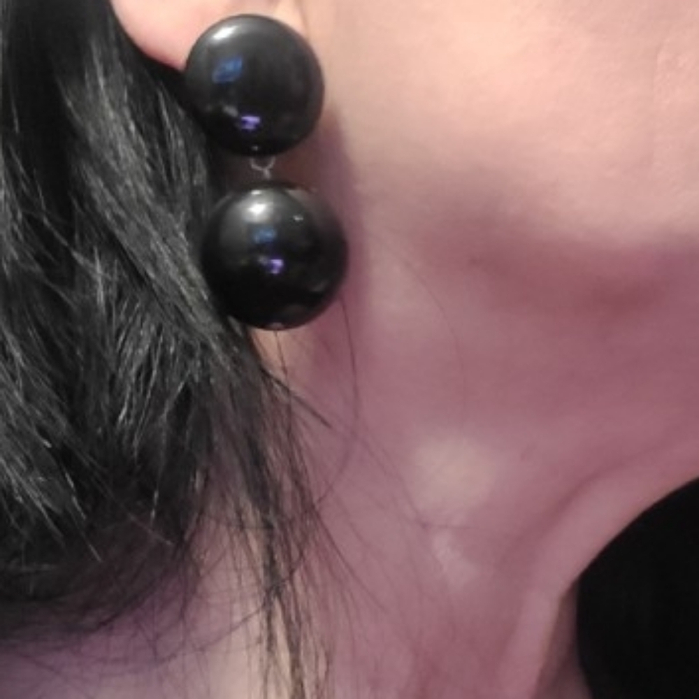 Vintage Black Double Ball Earrings Clip On Minimalist Retro Glossy